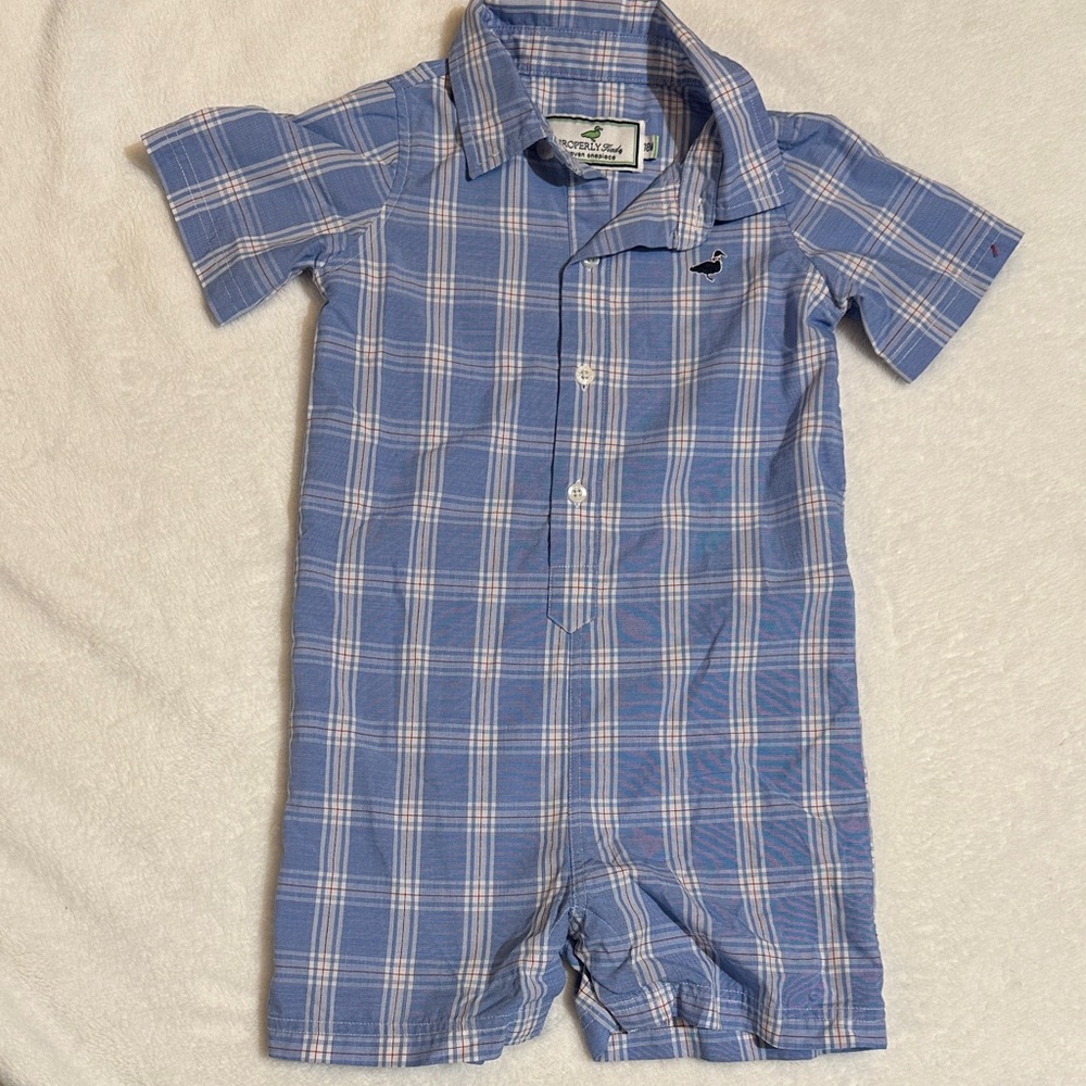 EUC Properly Tied blue plaid Jon Jon romper 18months